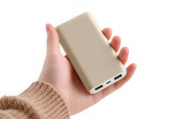 Hand holding a beige power bank.