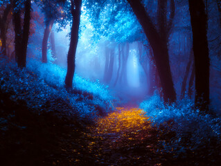 Fototapeta premium Enchanting forest pathway illuminated by golden glow under a mysterious blue-lit canopy