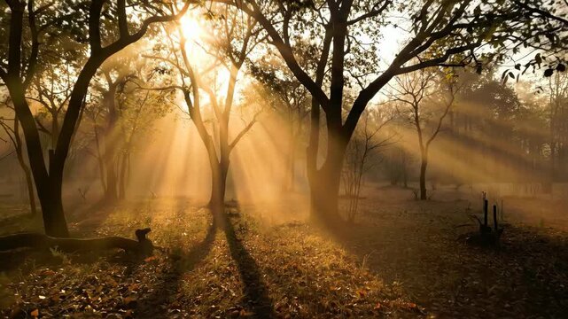 Misty forest with bare trees and golden sunlight creating atmospheric haze with fallen autumn leaves. Seasonal woodland concept for nature documentaries, autumn promotions