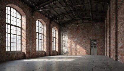Large empty industrial room with high ceiling metal rod and brick walls. Gray painted concrete floor. Exposed brick walls. Rustic charm from old brick. Industrial feel without furniture or fixtures.