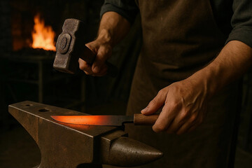 A blacksmith meticulously forges a knife, showcasing traditional craftsmanship with fire in the background.