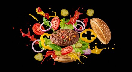 Exploded view of a burger with flying ingredients on a black background in studio lighting