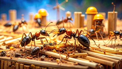 Ants working together with construction, teamwork, and macro closeup.