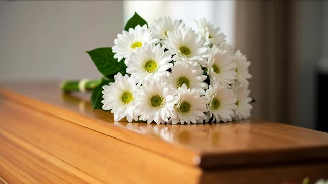 White daisies bouquet with yellow centers tied with green ribbon on wooden surface. Fresh flower arrangement for florist services and spring seasonal promotional campaigns