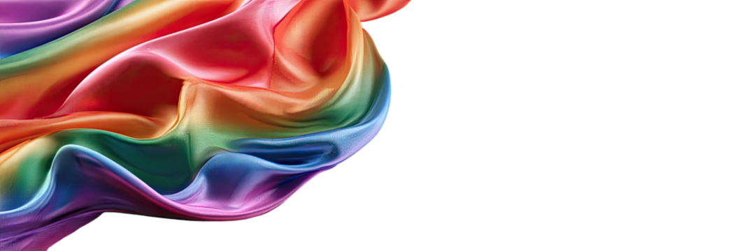 Vibrant rainbow silk fabric draped in dynamic folds against a black backdrop