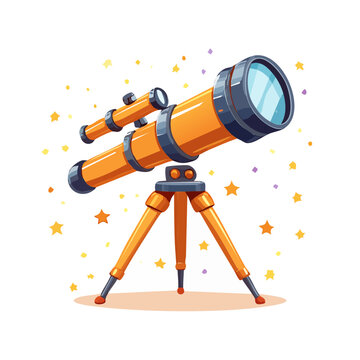Cartoon Orange Telescope on Tripod Observing Sparkling Starry Night Sky Adventure Astronomy