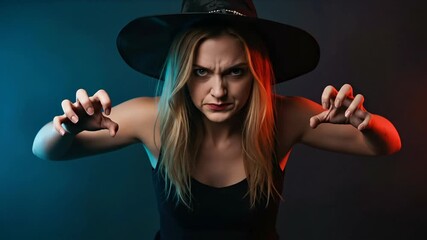 Woman in witch hat making threatening gesture with clenched fists. Halloween costume character for spooky party events and october horror themed promotions