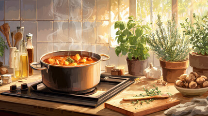 Cooking a hearty vegetable stew with fresh herbs in a cozy kitchen setting, sunlight filtering through a window
