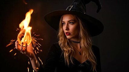 Woman in witch hat holding flaming jack-o-lantern pumpkin on dark background. Halloween magic ritual for spooky party events and october horror themed promotions