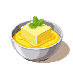Butter cube melts into savory sauce with fresh mint garnish in white bowl
