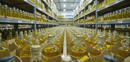 Rows of orange bottles stacked on shelf in organized warehouse setting. Industrial design, logistics, inventory management concepts. Gray background, metal frame, identical bottle shape, size, color.