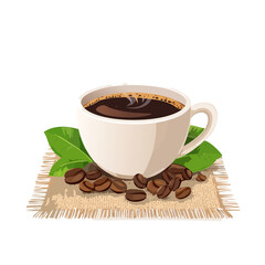 Obraz premium Cup of dark coffee illustration with beans and green leaves on linen fabric breakfast beverage