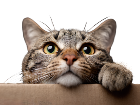 Funny Cat Peeking from Box with Paw on Edge, Bright Expression, Isolated on Transparent Background
