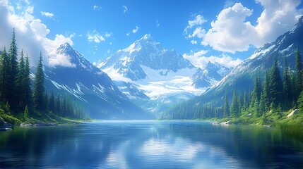 Serene mountain lake landscape under a vibrant sky.