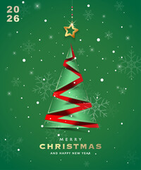Modern Christmas card design for 2026 featuring a paper-cut style tree, golden hanging star and falling snowflakes on a luxurious red background. Perfect for holiday greetings and festive decoration.