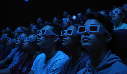 Group of people seated in rows watching movie in dark cinema. Person wears 3D glasses, focused on screen. Silhouettes of individuals in foreground stand out against black wall, gray floor background.