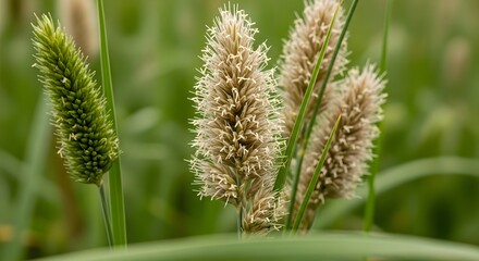 Close-up of wild foxtail grass in a lush green meadow. A detailed nature background of summer weeds and plants in a field.