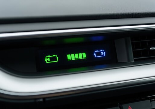Battery level indicator on the dashboard of a modern electric vehicle showing its charge