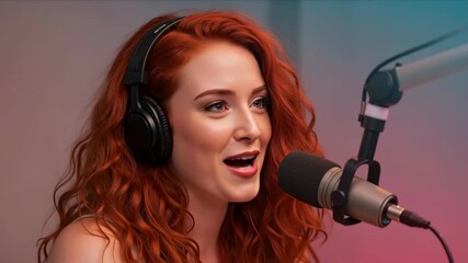 Woman with red hair speaking into microphone at radio studio with headphones. Broadcasting content creation for media services, podcast promotions and communication technology campaigns