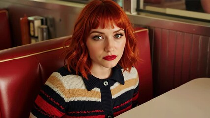 Woman with red bob haircut wearing striped sweater in diner booth. Casual dining experience for restaurant hospitality and retro themed venue promotional content