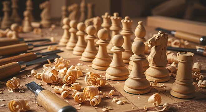 Hand-carved Wooden Chess Pieces on Board, Craftsmanship, Woodworking Tools, Warm Lighting