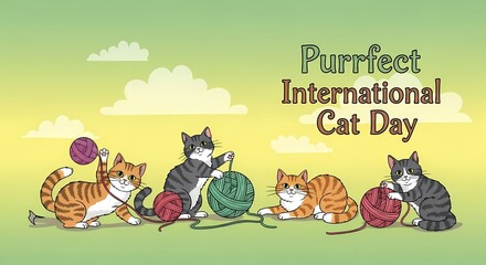 Celebration of international cat day with playful cats and yarn balls: design for posters and cards