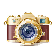 Vintage golden camera with red leather illustration against black background, photography equipment, old fashioned gadget