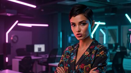 Woman in floral pattern shirt standing in modern office with neon lighting. Contemporary workplace environment for tech company promotions, startup culture and creative industry content