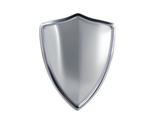 Glossy Metallic Shield Symbol with Reflected Light, Centered on Clean Surface, Isolated on Transparent Background