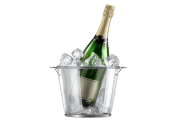 Champagne Bottle in Ice Bucket, isolated on white transparent background