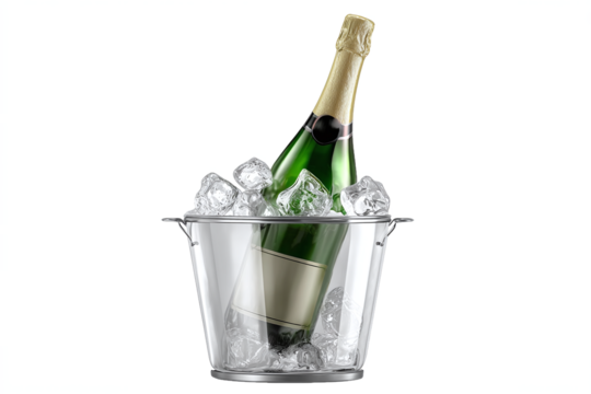 Champagne Bottle in Ice Bucket, isolated on white transparent background