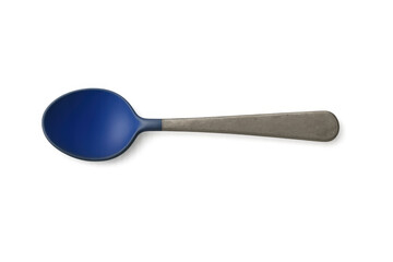 Studio shot of a blue spoon with metal handle lying on a transparent background, ideal for food and kitchen related designs