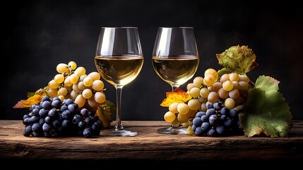 Two glasses of white wine with fresh grapes and autumn leaves on rustic wood. Elegant still life celebrating National Drink Wine Day