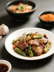 Fototapeta premium Stir-fried beef Belly with Okra Recipe