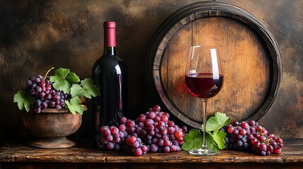 Red wine with grapes and wooden barrel on vintage table. Wine bottle and vineyard fruit create rustic ambiance for National Drink Wine Day