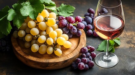 Glass of rosé wine with bunches of white and purple grapes on wooden board. Fresh harvest vibes for National Drink Wine Day celebration