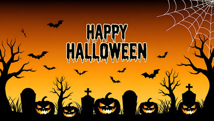 Halloween night scene with pumpkins and bats graveyard