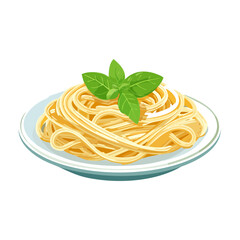 Cartoon illustration of spaghetti noodles topped with fresh basil on a plate