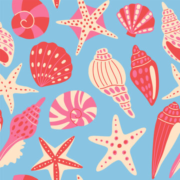 Bright vector pattern with hand-drawn sea shells and starfish on a blue background. Nautical seamless design in coral, blush pink, and cream tones for summer, beach, kids, and holiday themes.