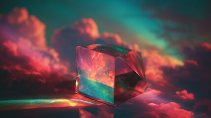 glass prism refracting light into a vivid spectrum of rainbow colors over soft clouds &mdash; perfect for science illustrations, physics education, or artistic backgrounds