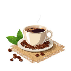 Cup of black coffee illustration with roasted beans and coffee leaves on a burlap napkin
