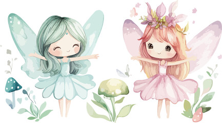 Two adorable watercolor fairies with delicate wings and flower accents in a whimsical garden