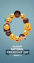 Fototapeta premium Celebrate national friendship day with diverse emoji faces in a cheerful circle arrangement