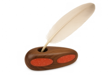 Vintage white feather quill resting inside classic wooden inkwell, symbolizing literary craftsmanship against transparent background