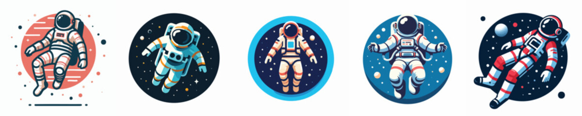 Colorful Vector Astronaut Set in Circular Space Background – Flat Design Outer Space Character
