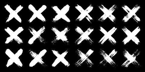 Grunge crosses, brush strokes, x mark, lines, ink smudges, hand-drawn scribble shapes. Handmade sketchy marks, acrylic stains, charcoal streaks. Paint textures, dry brush effect. Vector illustration