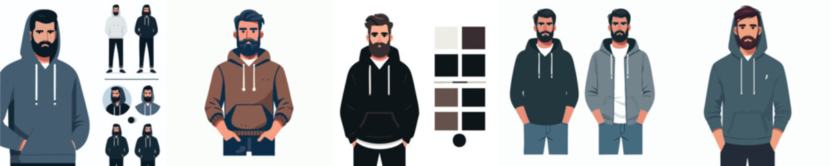 Flat Vector Characters – Bearded Men in Hoodie Casual Streetwear