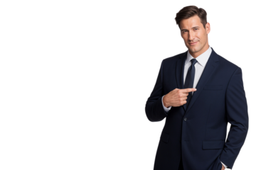 Handsome smiling Manager in a suit points to the side, looking at the camera. Professional corporate portrait with copy space on transparent background