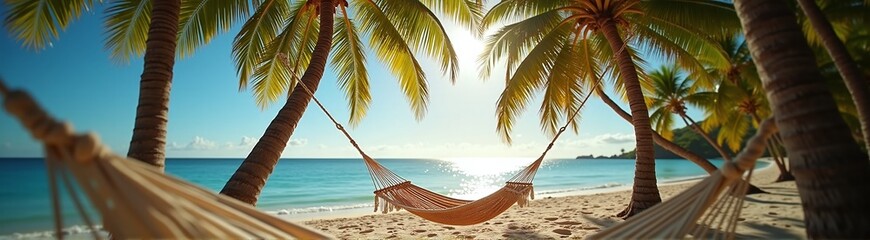 Hammock on a sunny, secluded tropical beach&mdash;warmth, relaxation, pure escape