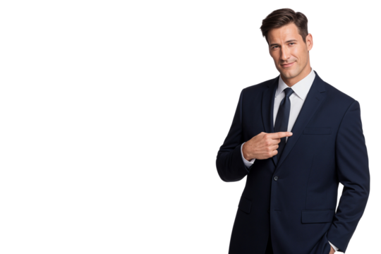 Handsome smiling Manager in a suit points to the side, looking at the camera. Professional corporate portrait with copy space on transparent background - Powered by Adobe